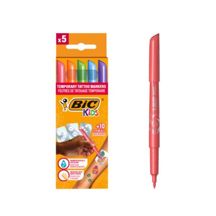 Bic Kids Tatuaggi Confezione da 5 pennarelli + 10 sagome per tatuaggi temporanei - Inchiostro dermatologicamente testato e senza profumo - Colori assortiti