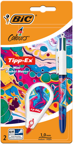 Bic 4 Colours Decors Hydro Confezione da 1 penna a sfera retrattile + correttore Pocket Mouse 5 mm x 6 m - Punta media da 1