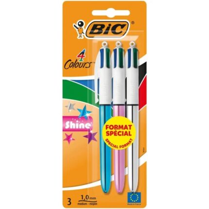 Bic 4 Colours Shine Confezione da 3 penne a sfera retrattili - Punta da 1 mm - Tratto da 0