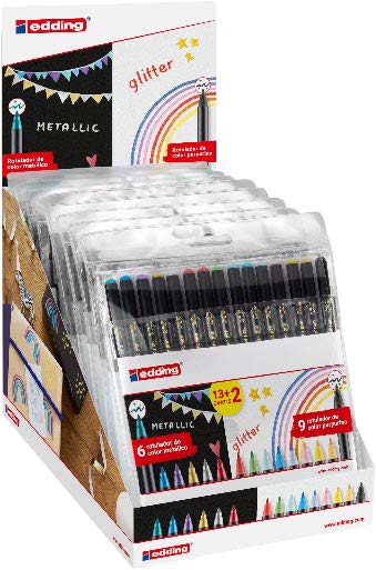 Edding 1200 Espositore con 15 confezioni da 15 pennarelli - Punta tonda - Inchiostro a base d'acqua - Colori metallici e glitter assortiti