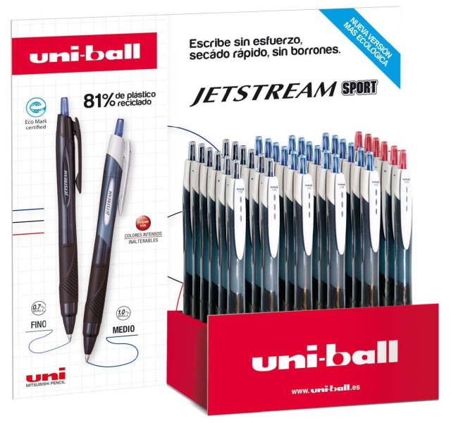 Uni-ball JetStream Sport SXN-150E Espositore con 36 penne a inchiostro pigmentato - Punta a sfera da 1 mm - Retrattile - Asciugatura istantanea - Ideale per mancini - Colori assortiti