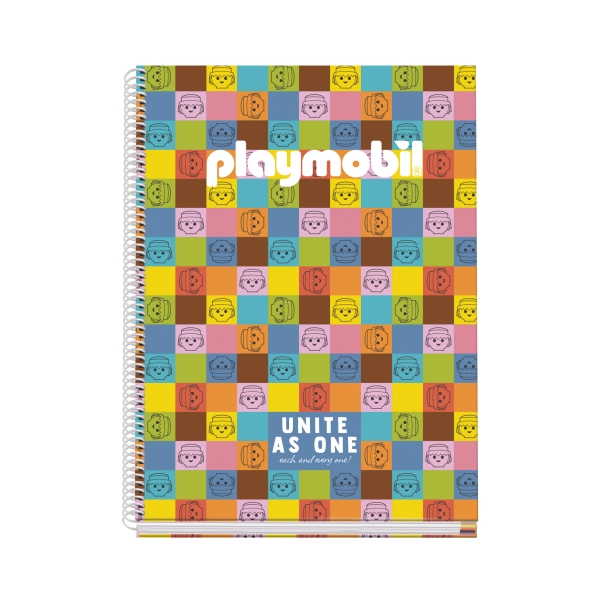 Dohe Playmobil Unite As One Quaderno a spirale A4 100 fogli microperforati a quadretti da 5 mm - Copertina rigida in cartoncino rivestito - Fasce colorate