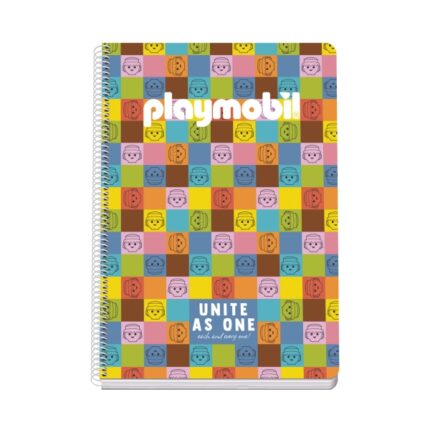 Dohe Playmobil Unite As One Quaderno a spirale formato Folio 80 fogli a quadretti da 4 mm con margine - Copertina rigida stampata a colori e plastificata lucida - Risguardi stampati