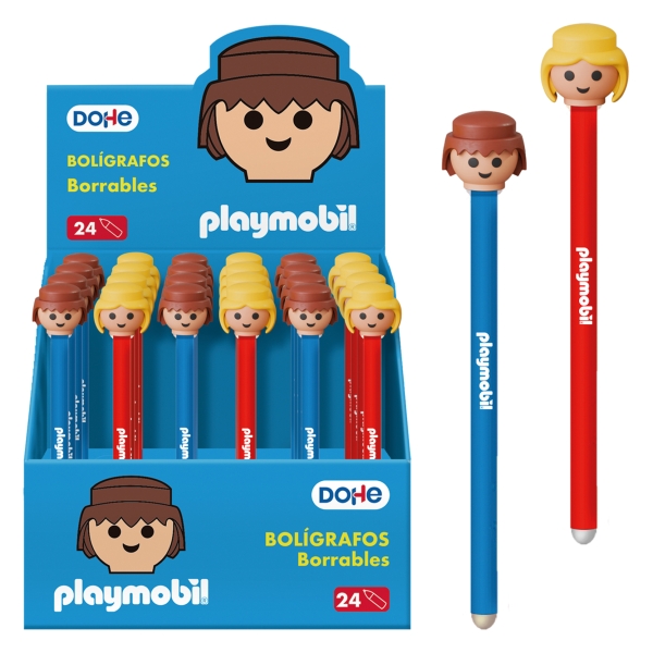Dohe Playmobil Espositore da 24 penne cancellabili - Punta a sfera metallica da 1 mm - Tratto da 0
