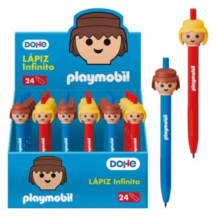 Dohe Playmobil Espositore da 24 matite infinite - Impugnatura in gomma - Facili da cancellare - Decorate con motivi dei personaggi Playmobil