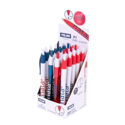 Milan P1 Nata® 624 Espositore da 20 penne a sfera retrattili - Punta rotonda 1 mm - Inchiostro blu - Corpo in colori assortiti