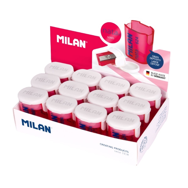 Milan Nata® 624 Espositore da 12 temperamatite con contenitore - Lama in acciaio - Colore bianco/rosa