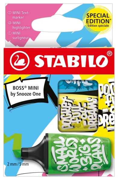Stabilo Boss Mini by Snooze One Confezione da 3 mini pennarelli fluorescenti - Tratto da 2 a 5 mm - Inchiostro a base d'acqua - Antisecante - Colori assortiti