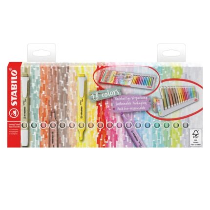 Stabilo Swing Cool Set da tavolo con 18 pennarelli fluorescenti - Corpo piatto - Punta smussata - Tratto tra 1 e 4 mm - Inchiostro a base d'acqua - Antisecante - Colori assortiti