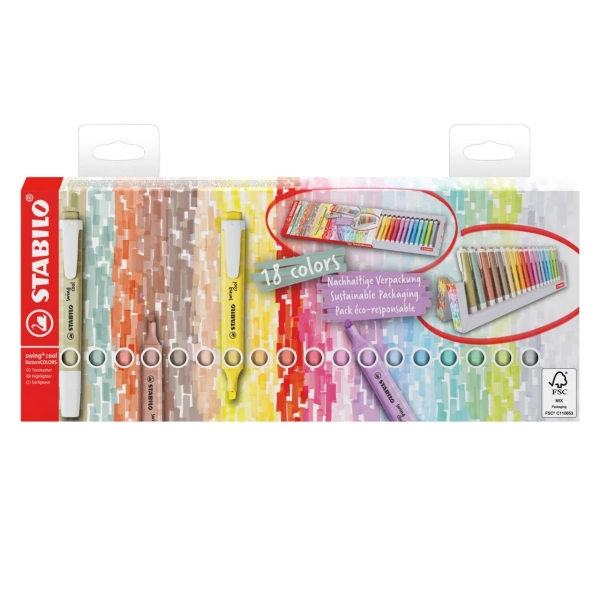 Stabilo Swing Cool Set da tavolo con 18 pennarelli fluorescenti - Corpo piatto - Punta smussata - Tratto tra 1 e 4 mm - Inchiostro a base d'acqua - Antisecante - Colori assortiti