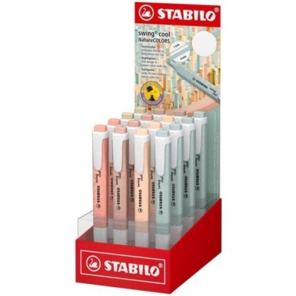 Stabilo Swing Cool Naturecolors Espositore con 16 pennarelli fluorescenti - Corpo piatto - Punta smussata - Tratto tra 1 e 4 mm - Inchiostro a base d'acqua - Antisecante - Colori assortiti