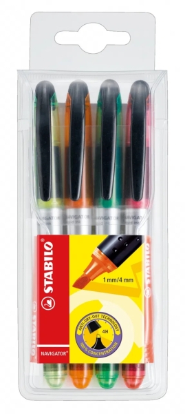Stabilo Navigator Confezione da 4 pennarelli fluorescenti - Zona di presa - Design sottile - Pratico clip da trasporto - Tratto tra 2 e 5 mm - Colori: giallo