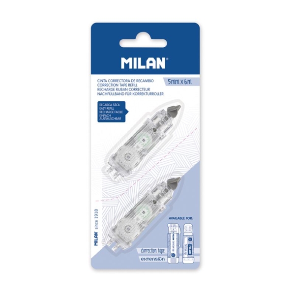 Milan Confezione da 2 ricambi per nastro correttore 5 mm x 6 m - Compatibile con correttori cilindrici ed Extension Milan Confezione da 2 ricambi per nastro correttore 5 mm x 6 m - Compatibile con correttori cilindrici ed Extension
