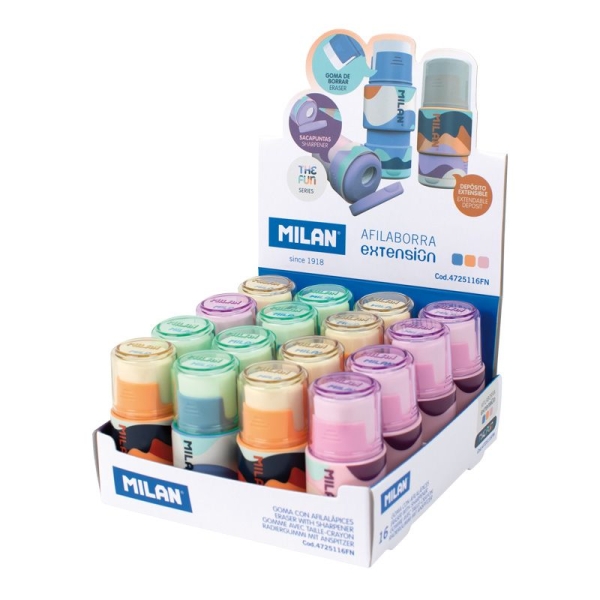 Milan Extension The Fun Espositore da 16 temperamatite Extension con gomma da cancellare - Temperamatite con serbatoio e lama di sicurezza - Colori assortiti
