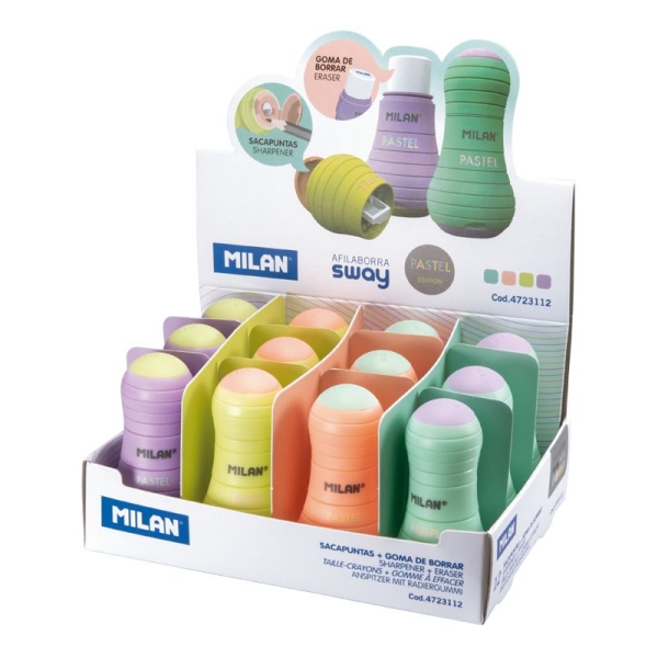 Milan Sway Pastel Espositore da 12 temperamatite con gomma da cancellare - Temperamatite con serbatoio e lama di sicurezza - Colori assortiti