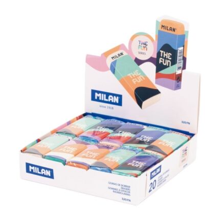 Milan The Fun Nata 320 Espositore con 20 gomme da cancellare rettangolari - Gomma sintetica - Confezionate singolarmente - Fascia e gomma in vari colori