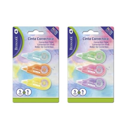 Bismark Mini Pastel Confezione da 3 nastri correttori 5 mm x 5 m - Perfetta aderenza alla carta - Confezione in blister - Corpo in colori pastello assortiti