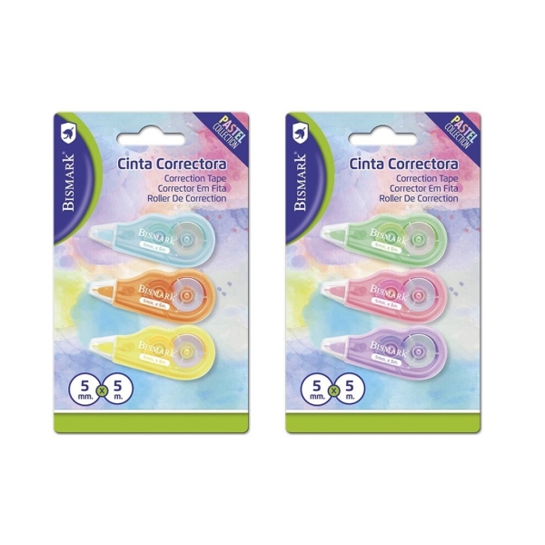 Bismark Mini Pastel Confezione da 3 nastri correttori 5 mm x 5 m - Perfetta aderenza alla carta - Confezione in blister - Corpo in colori pastello assortiti