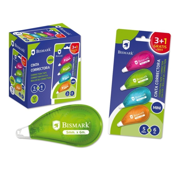 Bismark Neon Confezione da 4 mini nastri correttori 5 mm x 6 m - Perfetta aderenza alla carta - Confezione in blister - Colori assortiti