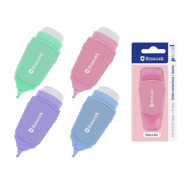 Bismark Pastel Nastro correttore 5 mm x 6 m con gomma da cancellare - Perfetta aderenza alla carta - Confezione in blister - Corpo in colori pastello assortiti