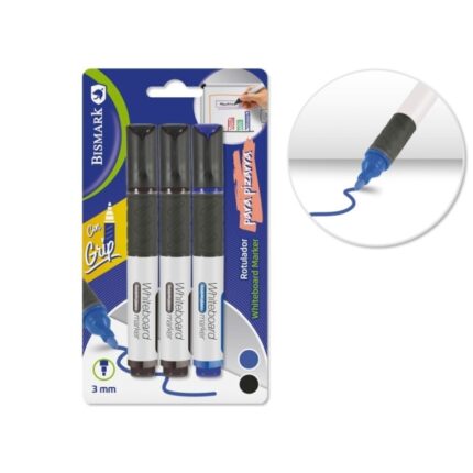 Bismark Confezione da 3 pennarelli per lavagna bianca con impugnatura - Punta tonda 3 mm - Colori nero e blu