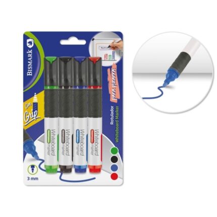 Bismark Confezione da 4 pennarelli per lavagna bianca con impugnatura - Punta tonda 3 mm - Colori assortiti
