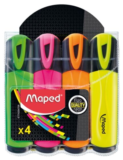 Maped Peps Classic Confezione da 4 pennarelli fluorescenti - Punta smussata - Larghezza tratto da 1 a 5 mm - Ideale per sottolineare ed evidenziare - Colori assortiti