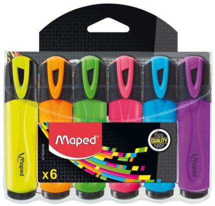 Maped Peps Classic Confezione da 6 pennarelli fluorescenti - Punta smussata - Larghezza tratto da 1 a 5 mm - Ideali per sottolineare ed evidenziare - Colori assortiti
