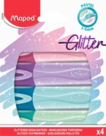 Maped Glitter Pastel Confezione da 4 pennarelli fluorescenti pastello con glitter - Punta smussata - Tratto da 1 a 5 mm - Ideali per sottolineare ed evidenziare - Colori pastello con glitter assortiti