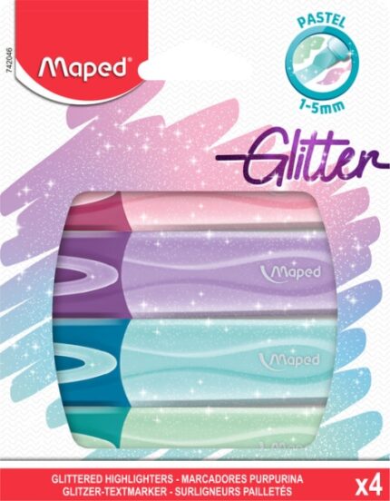 Maped Glitter Pastel Confezione da 4 pennarelli fluorescenti pastello con glitter - Punta smussata - Tratto da 1 a 5 mm - Ideali per sottolineare ed evidenziare - Colori pastello con glitter assortiti