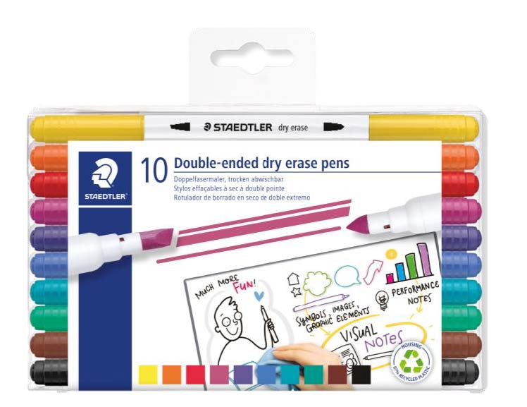 Staedtler Lumocolor 3010 Confezione da 10 pennarelli per lavagna bianca - Doppia punta smussata e conica - Inchiostro a base d'acqua - Colori assortiti