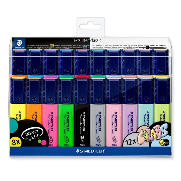 Staedtler Textsurfer Classic 364 Confezione da 20 pennarelli fluorescenti - Punta smussata da 1 a 5 mm circa - Asciugatura rapida - Colori assortiti