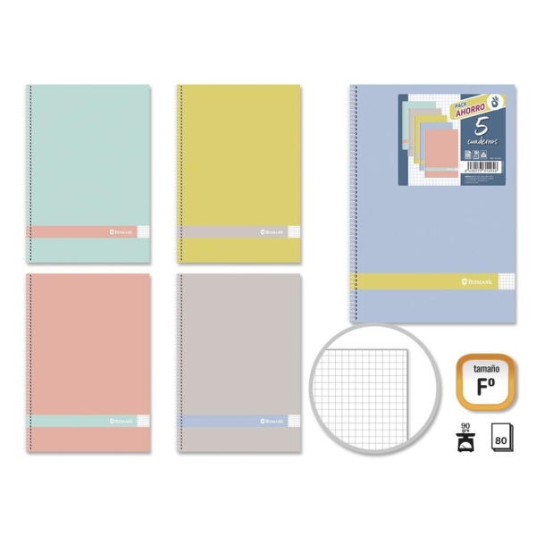 Golden Morandi Confezione da 5 quaderni a spirale formato Folio 80 fogli 90 g/m² griglia 4x4 - Copertina morbida con bordi arrotondati - Colori Morandi assortiti