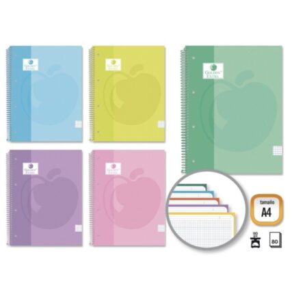 Golden Extra Quaderno a spirale A4 80 fogli 90 g/m² Griglia 5x5 - Fogli microperforati con banda colorata - Copertina rigida rivestita - Colori pastello assortiti
