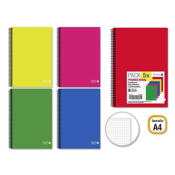 Golden Basic Confezione da 5 quaderni A4 80 fogli 90 g/m² a quadretti 4x4 - Ideale per studenti - Copertina in polipropilene - Colori assortiti