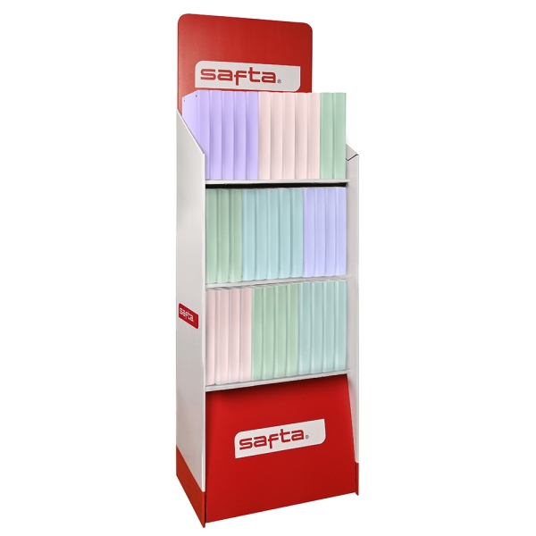 Safta Espositore con 36 raccoglitori ad anelli - Materiale riciclato - Include 100 fogli - Fogli da 90 g/m² - Divisori - Tasca per documenti - 3 ripiani - 400x380x1900 mm - Colori assortiti