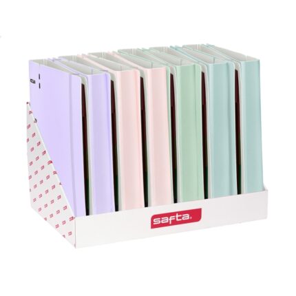 Safta Espositore con 12 raccoglitori a 4 anelli da 35 mm - Ricarica 100 fogli - Chiusura elastica - Fessura per penna - Divisori interni - Colori assortiti