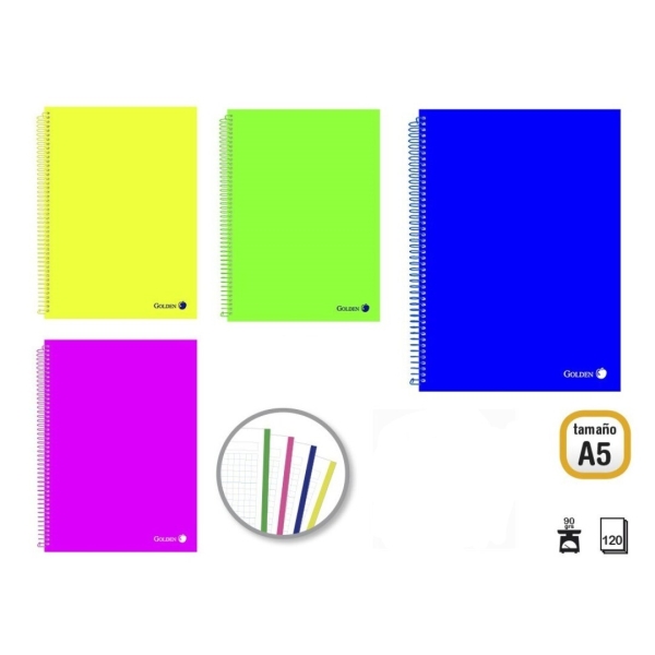 Golden Pack da 8 quaderni A5 120 fogli 90 g/m² a quadretti 5x5 - Fogli microperforati con banda colorata e 2 fori - Copertina in polipropilene - Colori assortiti