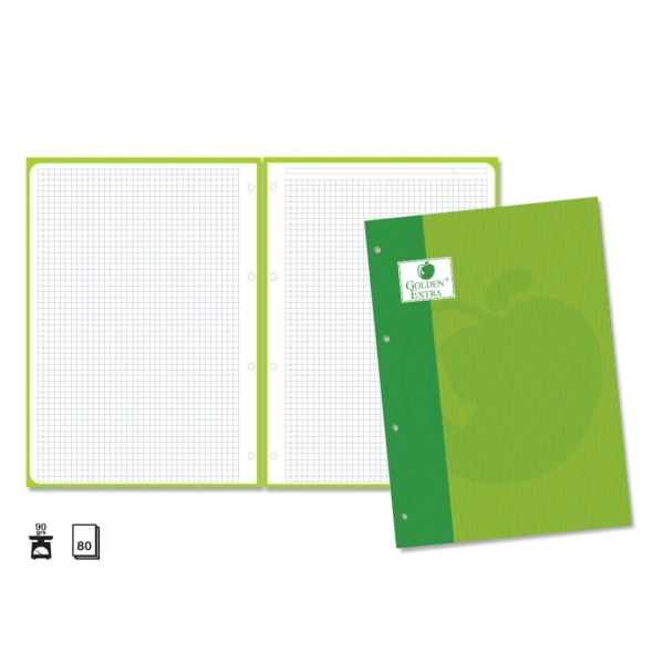 Golden Extra Ricarica da 80 fogli 90 g Griglia 4x4 - Formato A4 - 4 fori e striscia di colore verde
