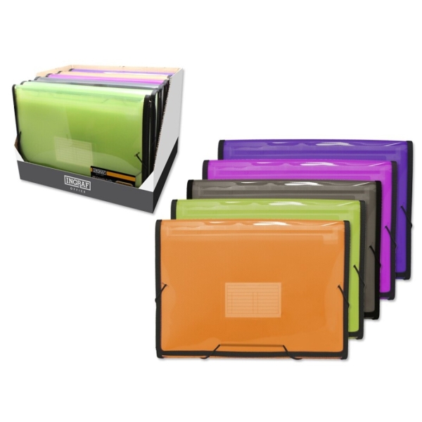 Ingraf Espositore con 10 cartelline Frame a soffietto 13 scomparti formato A4 - Polipropilene traslucido - Chiusura con elastici - Colori assortiti