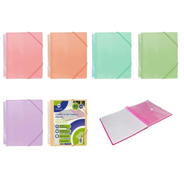 Bismark Raccoglitore a spirale 40 buste trasparenti - Polipropilene - Formato A4 - Spirale in plastica indeformabile - Apertura a 360 gradi - Chiusura con elastici - Colori pastello assortiti
