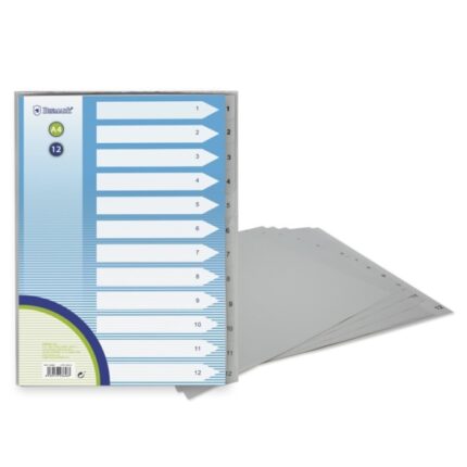 Bismark Indice numerico con linguette da 1 a 12 - Fori multipli - Formato A4 - Realizzati in polipropilene - Colore grigio