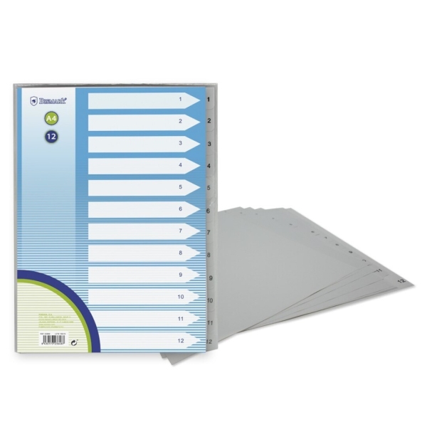 Bismark Indice numerico con linguette da 1 a 12 - Fori multipli - Formato A4 - Realizzati in polipropilene - Colore grigio