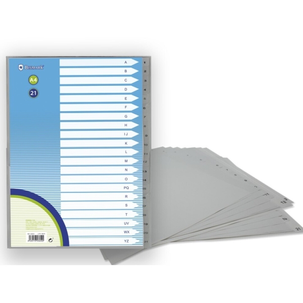 Bismark Indice numerico con linguette da 1 a 21 - Fori multipli - Formato A4 - Realizzato in polipropilene - Colore grigio