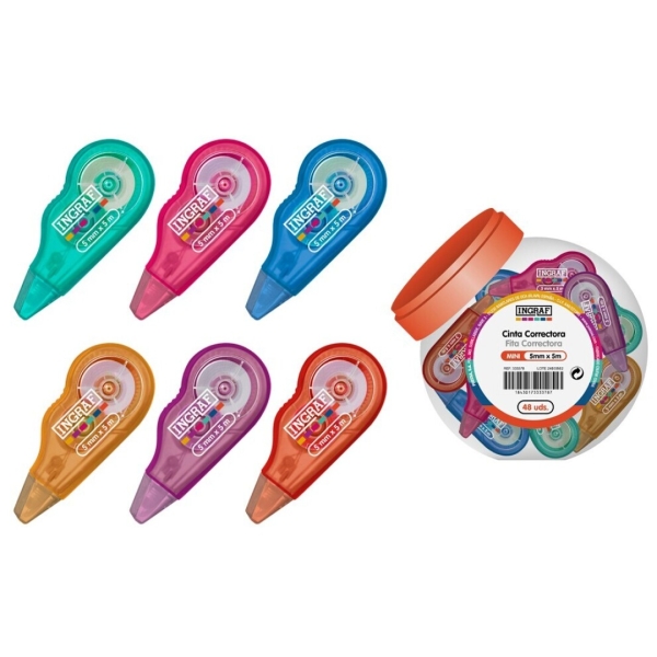 Ingraf Mini Mediterraneo Espositore con 48 mini nastri correttori 5 mm x 5 m - Perfetta aderenza alla carta - Corpo in colori assortiti