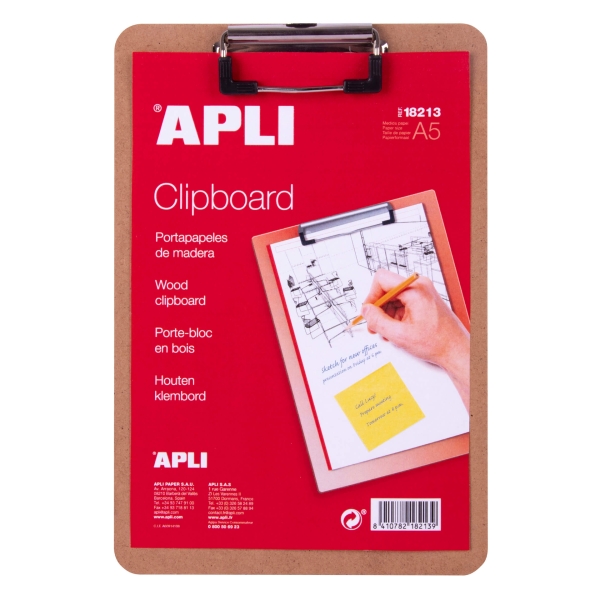 Apli Portadocumenti con base in legno e clip metallica - Misure 155x225 mm - Formato A5