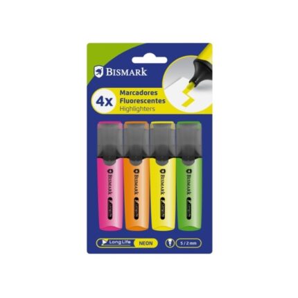 Bismark Confezione da 4 pennarelli fluorescenti - Punta smussata 2 - 5 mm circa - Inchiostro a base d'acqua - Lunga durata - Colori neon assortiti