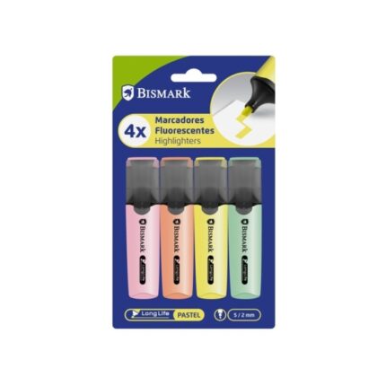 Bismark Confezione da 4 evidenziatori fluorescenti - Punta smussata 2 - 5 mm circa - Inchiostro a base d'acqua - Lunga durata - Colori pastello assortiti