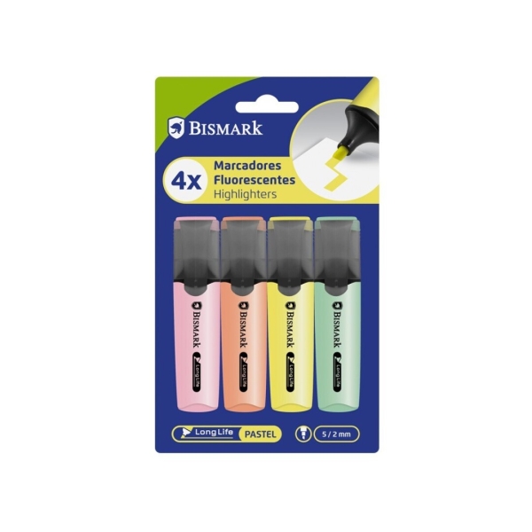 Bismark Confezione da 4 evidenziatori fluorescenti - Punta smussata 2 - 5 mm circa - Inchiostro a base d'acqua - Lunga durata - Colori pastello assortiti Bismark Confezione da 4 evidenziatori fluorescenti - Punta smussata 2 - 5 mm circa - Inchiostro a base d'acqua - Lunga durata - Colori pastello assortiti