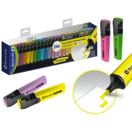 Bismark Confezione da 24 pennarelli fluorescenti - Punta smussata 2 - 5 mm circa - Inchiostro a base d'acqua - Lunga durata - Colori neon e pastello assortiti